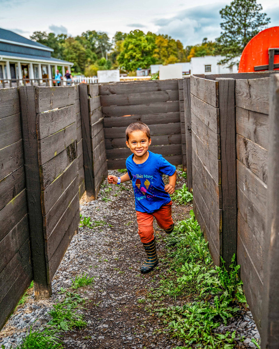 a little boy running through a fall festival maze